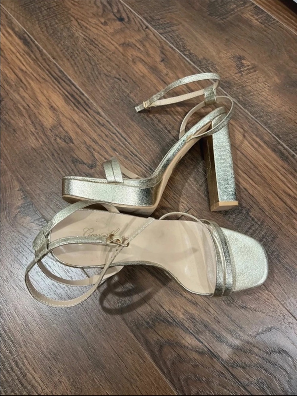Gold Strappy Block Heel Sandals - Women